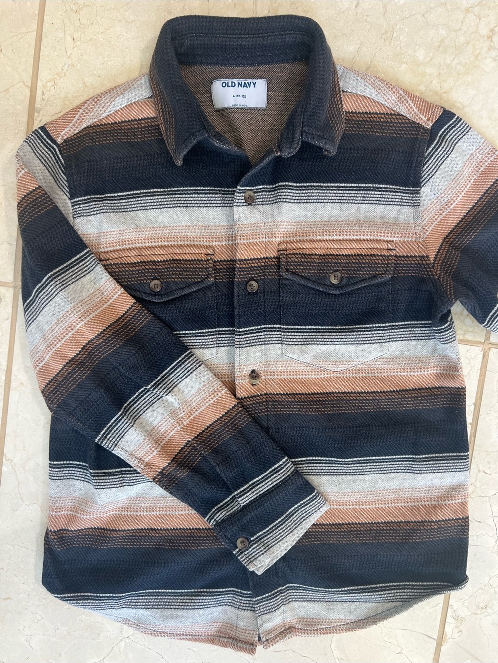 Old Navy Boys Large 10 12 Long Sleeve Striped Button Shirt Shacket Blue Tan